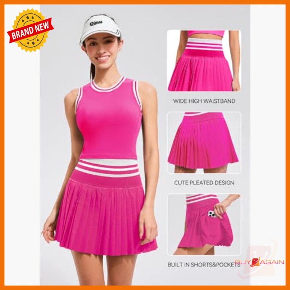 High Waisted Pleated Athletic Skort Set with Built-in Bra and Pockets - Picture 4 of 7